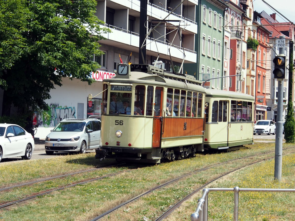 T 4 Nr.56 von Rasatt Baujahr 1927 mit Beiwagen B 2 von Rastatt Baujahr 1953 in Freiburg am 06.07.2019.