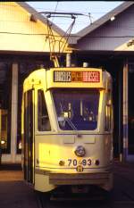 Brssel, Depot Woluwe, Strassenbahnmuseum, Bahn 7093, auch fr die Metro eingesetzt, am 09.03.1996 - Diascan. 