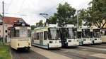 Für das 3000ste Strassenbahnbild hat sich gleich eine ganze Schar an Fahrzeugen versammelt von links: T 2-64 Nr.145 Fahrschule von VEB Gotha und GT 6 M Nr.606 von AEG Baujahr 1996, Nr.630 und 632