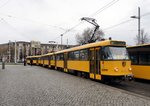 Ein Tatra-Zug mit T 4 DMT Nr.224 261 und 224 229 und TB 4 D Nr.224 020 am Albertplatz in Dresden am 10.04.2016.