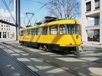 Dresden/513917/t-4-d-nr201-002-von T 4 D Nr.201 002 von CKD Tatra Schleifwagen am Postplatz in Dresden am 18.04.2016.