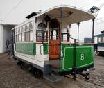 Pferde-Tramwagen No.8 O Amerikano von Starbuck Car & Wagon Comp. Ldt. Baujahr ca. 1870 im Trammuseum in Porto am 15.05.2018.