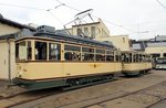 T 2 Nr.734 von Busch, Baujahr 1913,mit Beiwagen B 2 Nr.1029 von Lindner, Baujahr 1925, im Straßenbahnmuseum Dresden am 09.04.2016.