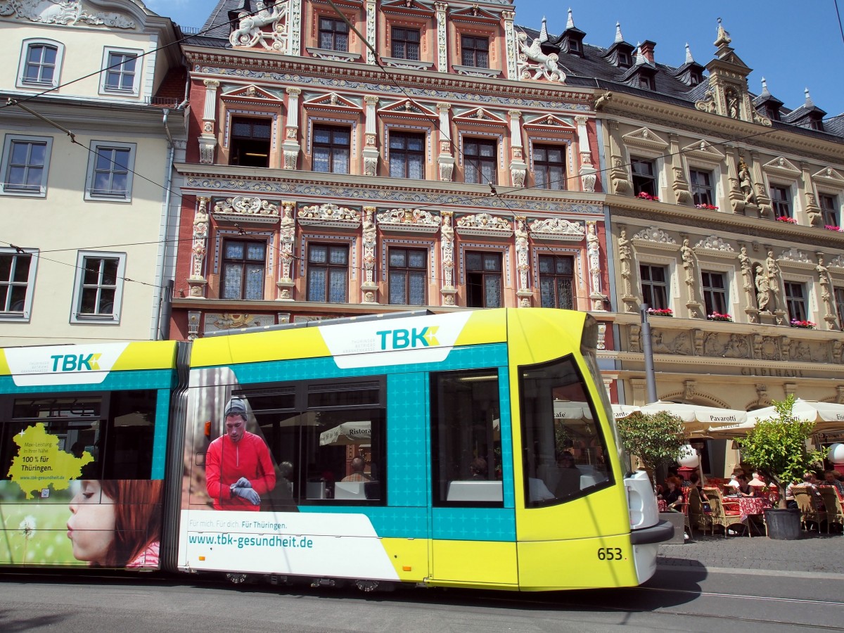 Combino NF 6 Nr.653 von Siemens, Baujahr 2005, in Erfurt am 25.06.2015.