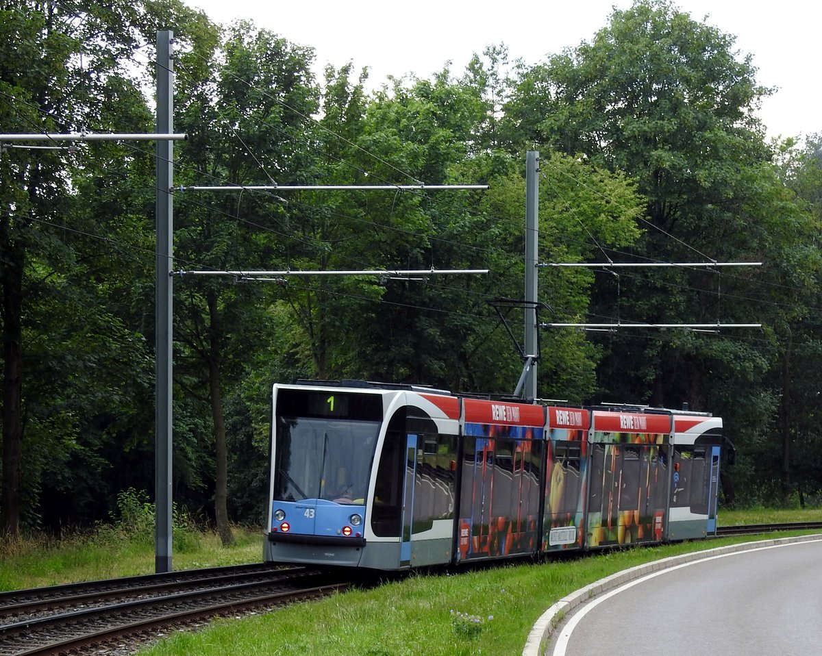 Combino Nr.43 mit Namen  Albert Einstein  mit Rewe-Werbung von Siemens Baujahr 2003 auf der Böfinger Steige am 10.06.2018.