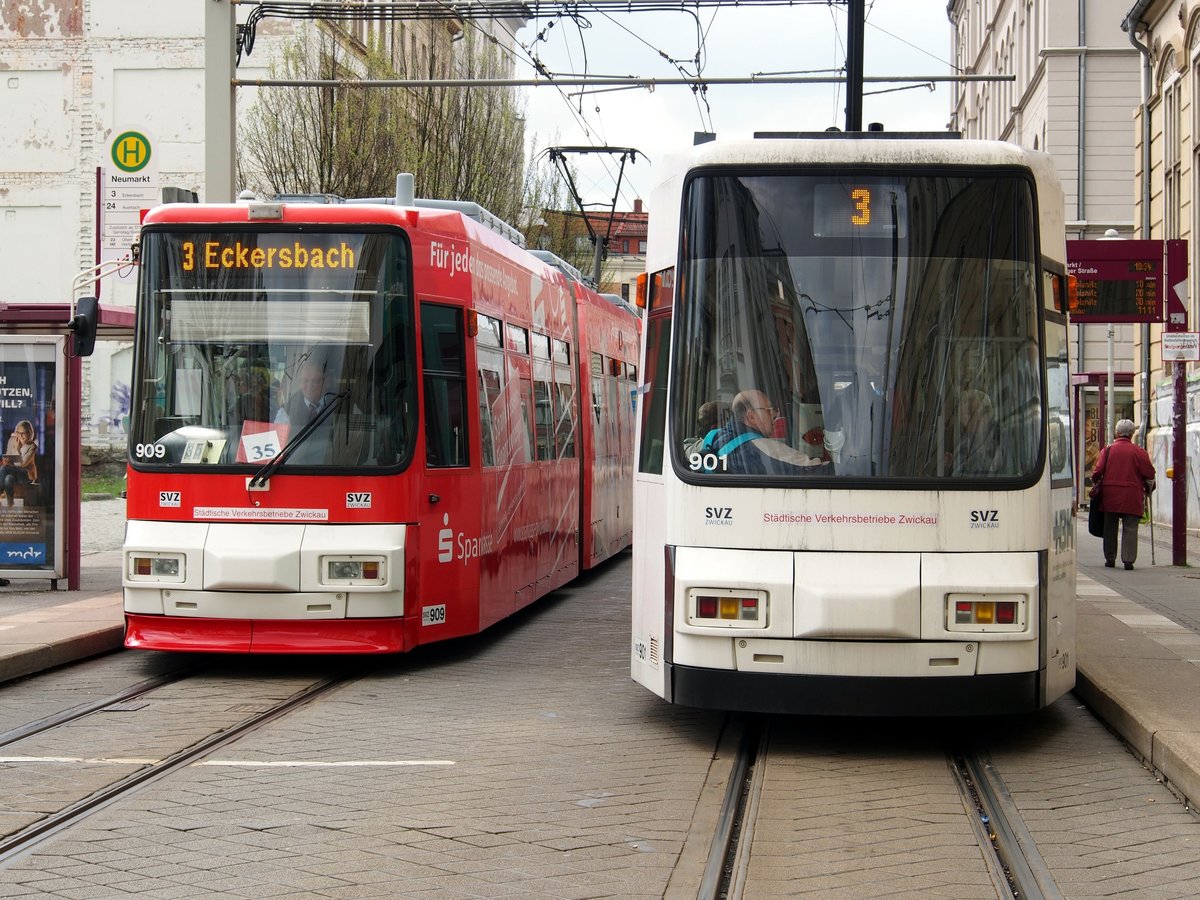 GT 6 M Nr.901 und 909 von MAN Baujahr 1993 in Zwickau am 20.04.2017.