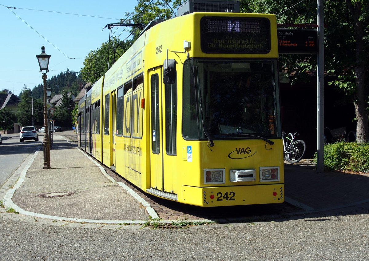 GT 8D-MN-Z Nr.242 von Düwag/ABB Baujahr 1993 in der Endhaltestelle Güntherstal, Dorfstrasse am 04.07.2019.