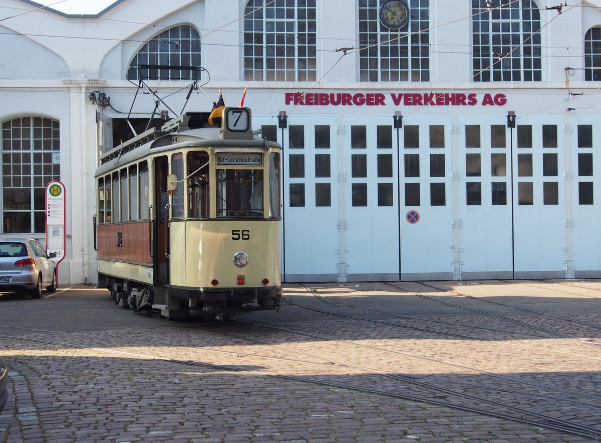 T 4 Nr.56 von Rastatt Baujahr 1927 vor den Toren des Betriebshof Süd in Freiburg am 06.07.2019.