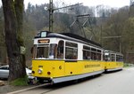 bad-schandau-kirnitschtalbahn/491090/t-57-nr6-von-veb-gothabaujahr T 57 Nr.6 von VEB Gotha,Baujahr 1959 und Beiwagen B 2-64 Nr.25, ebenfalls VEB Gotha, Baujahr 1966 der Kirnitszchtalbahn bei der Haltestelle Forsthaus, am 11.04.2016.