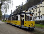 Straßenbahnzug mit Triebwagen T 57 Nr.6 von VEB Gotha, Baujahr 1959, und Hänger B 2-64 Nr.25 von VEB Gotha, Baujahr 1966 bei der Kirnitzschtalbahn in Bad Schandau am 11.04.2016.