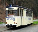 bad-schandau-kirnitschtalbahn/492146/b-2-64-nr199-von-gotha-baujahr B 2-64 Nr.199 von Gotha, Baujahr 1967,steht am Endgleis beim Lichtenhainer Wasserfall abgestellt, am 11.04.2016. Der Wagen wurde einige Tage davor aus Jena gebracht.