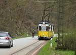 Triebwagen T 57 Nr.2 von VEB Gotha, Baujahr 1957 und Beiwagen B 2-62 von VEB Gotha, Baujahr 1963 sind im Kirnitzschtal unterwegs, am 11.04.2016.