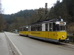 bad-schandau-kirnitschtalbahn/492351/triebwagen-t-57-nr2-von-veb Triebwagen T 57 Nr.2 von VEB Gotha, Baujahr 1957 und Beiwagen B 2-62 von VEB Gotha, Baujahr 1963 beim Betriebshof Bad Schandau, am 11.04.2016.