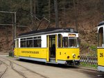 bad-schandau-kirnitschtalbahn/492682/triebwagen-t-57-nr1-von-veb Triebwagen T 57 Nr.1 von VEB Gotha, Baujahr 1957 und rechts am Bildrand Beiwagen B 2 D Nr.26 von CKD Tatra, Baujahr 1968,in Bad Schandau am 11.04.2016.