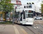 NGT 8 G Nr.209 von Alstom, Baujahr 2008, mit Werbung 120 Jahre Straßenbahn in Gera - Eine bewegte Geschichte, in Gera am 30.04.2015.