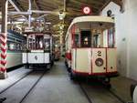 T 2 Nr.2 von MAN Baujahr 1911 und T 2 Nr.4 von AEG Baujahr 1894 im Tram-Museum Halle am 20.07.2019.