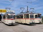 rostock-rostocker-strasenbahn-ag-rsag/857762/gelenktriebwagen-1-lowa-triebwagen-46-und Gelenktriebwagen 1, Lowa Triebwagen 46 und Tatra T6A2 Nummer 704 der Rostocker Straßenbahn AG im Depot12 am Tag der offenen Tür.