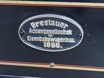 T 2 Nr.308 von Breslau Baujahr 1896 LVB-Typ 10 im Straßenbahnmuseum Leipzig am 21.07.2019. Fabrikschild.
