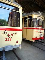 T 57 Nr.523 von VEB Gotha Baujahr 1961 und EB 54 Nr.328 von VEB Gotha Baujahr 1956 im Tram Museum Halle am 20.07.2019.