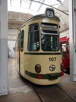 GT 4 Nr.107 von der Maschinenfabrik Esslingen Baujahr 1962 im historischen Depot Süd in Freiburg am 05.07.2019.